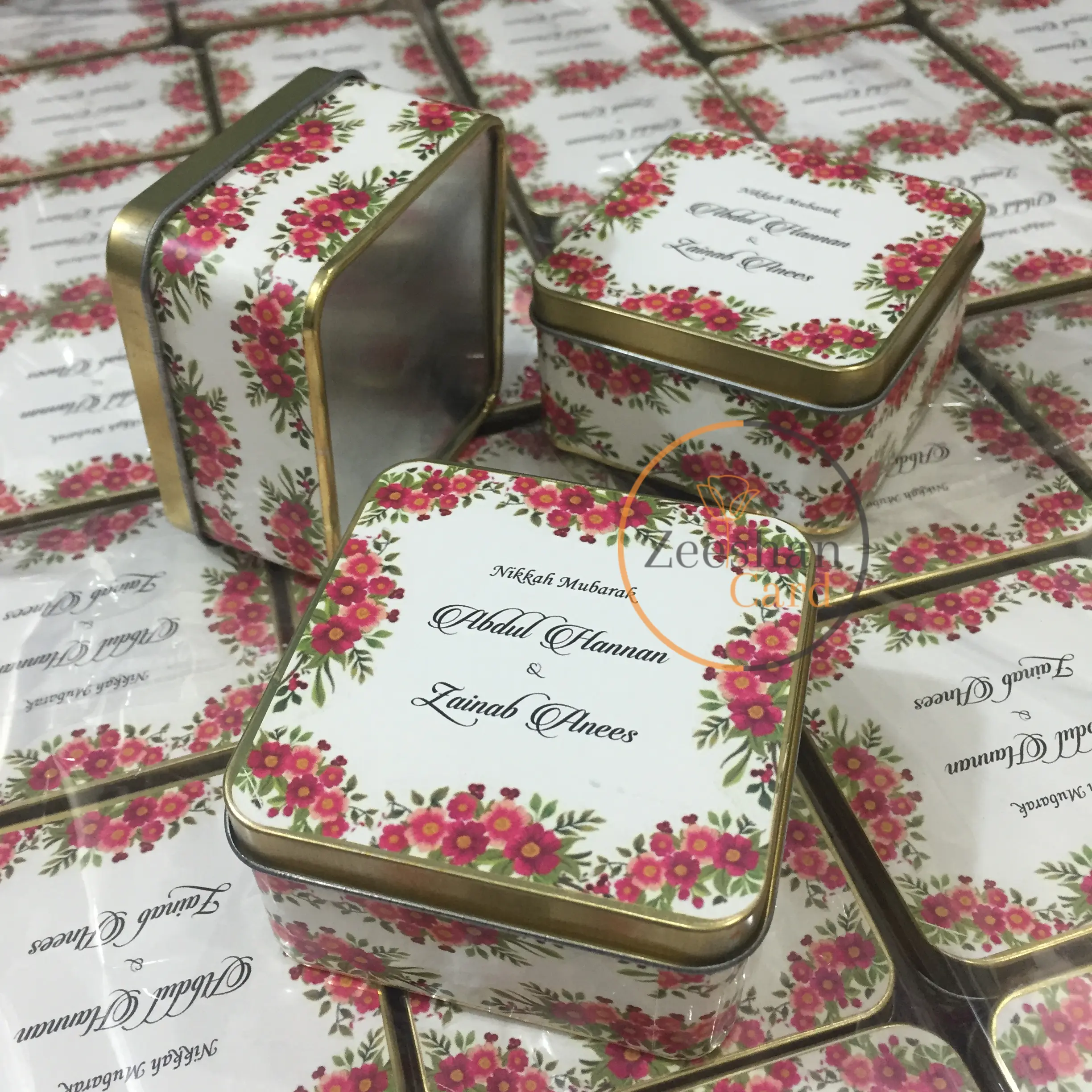 Red Floral Design Square Tin Box Red Floral Design Square Tin Box