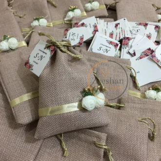 Jute Pouch With Flowers and Tag