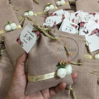 Jute Pouch With Flowers and Tag